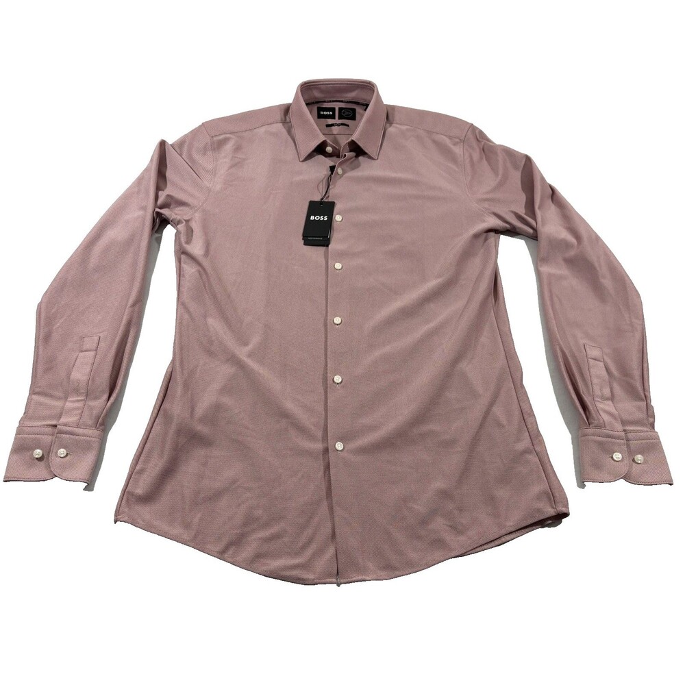 Hugo Boss Mens Hank Kent Pink Slim Fit Performance Stretch Dress Shirt Sz M NWT